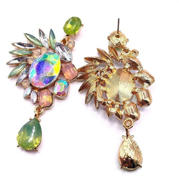 Yellow Gold with Multicolor Pastel Crystal Art Deco Style Post Back Earrings - Picture 5 of 6